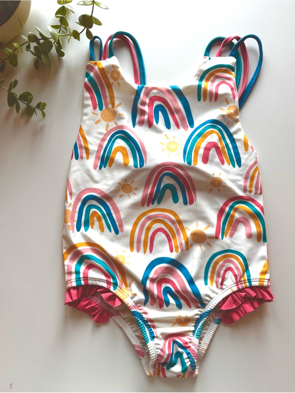 Mud Pie Rainbow One Piece Swimsuit Girls Size 5T Ruffle Leg Open Back